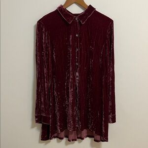 J. Jill Top Long Tunic Crushed Velvet Burgundy Button-Down Silk Blend large